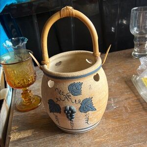 Vintage Rustic Ceramic Basket with Handle